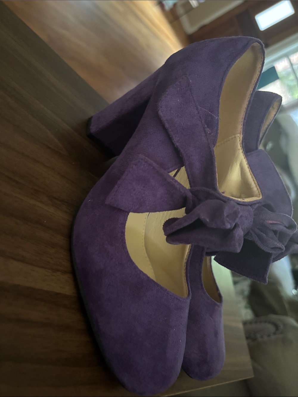 Purple Suede Bow Block Heel Pumps